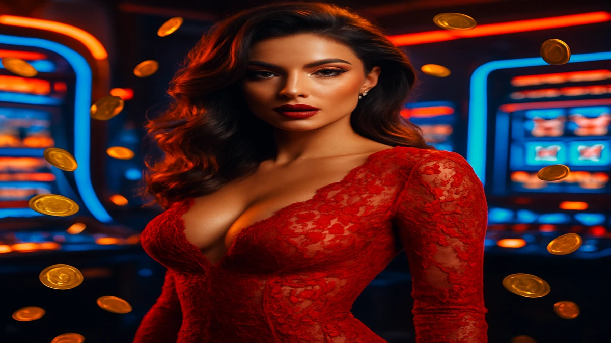 ঢেউখোলা চুল ও ঝলমলে দুলসহ একটি অপূর্ব নারী betbd গেমিং প্ল্যাটফর্মের উজ্জ্বল জ্বলজ্বলে আলোয় 가운데 দাঁড়িয়ে আছেন, চারপাশে আর্কেড গেমে ঘেরা。
